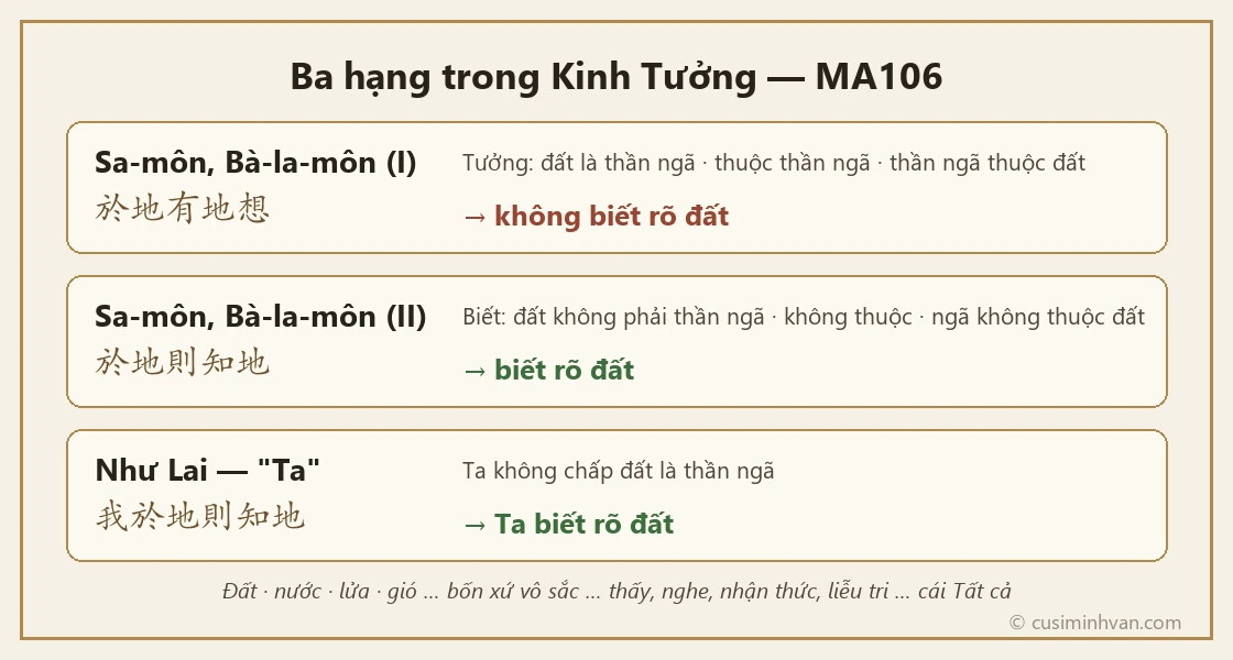 Ba hạng trong Kinh Tưởng MA106: tưởng X là thần ngã, biết X không phải thần ngã, và Như Lai