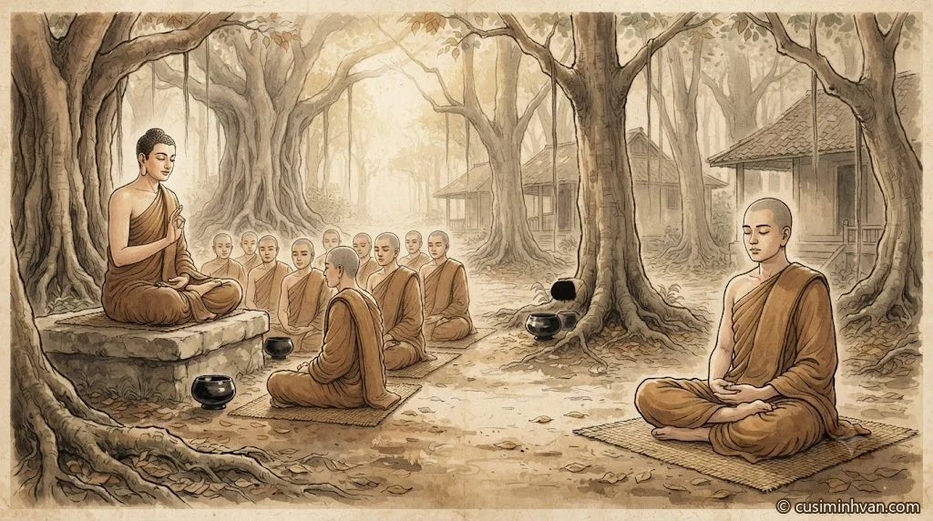 Minh hoạ: Đức Phật ngồi trên bệ đá dưới những cây cổ thụ ở rừng Thắng Lâm, một tay nâng lên giảng cho các Tỳ-kheo ngồi trên chiếu; phía trước bên phải, một vị Tỳ-kheo ngồi riêng kiết già, mắt khép hờ, lặng lẽ xét tâm mình