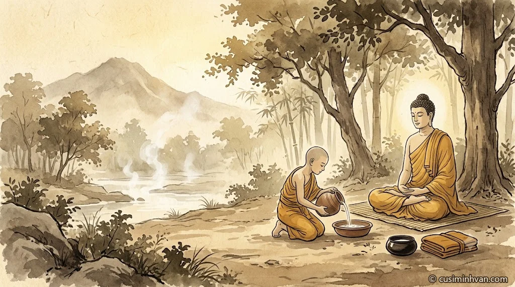 Minh hoạ: buổi sáng trong rừng Ôn tuyền bên hồ suối nước nóng bốc hơi, Tôn giả La-hầu-la quỳ rót nước cho Đức Phật rửa chân, bát và y đặt gọn bên cạnh