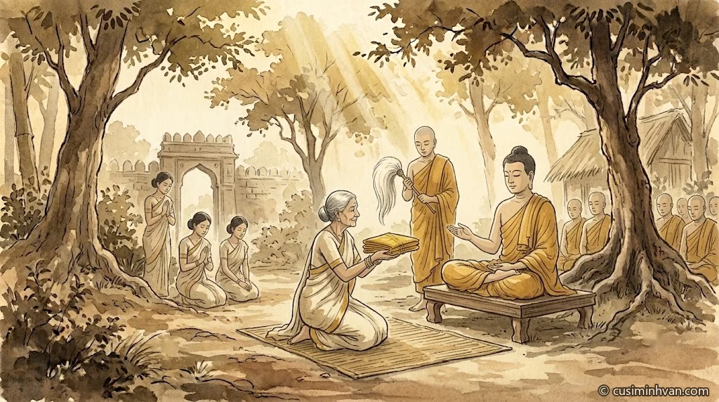 Minh hoạ: bà Cù-đàm-di tóc bạc quỳ trên chiếu, hai tay nâng tấm y mới sắc vàng dệt kim tuyến dâng Đức Phật đang ngồi trên bệ gỗ dưới tán cây trong vườn Ni-câu-loại; Tôn giả A-nan cầm phất đứng hầu bên cạnh, phía sau Phật; vài người nữ theo hầu bà quỳ chắp tay phía sau, các vị tỳ-kheo ngồi một bên
