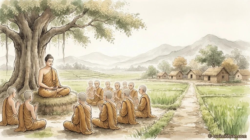 Minh hoạ: Đức Phật ngồi kiết già trên tòa cỏ dưới gốc cây lớn, chư Tỳ-kheo đắp y vàng ngồi vòng quanh chắp tay nghe pháp, bên cạnh một con đường đất chạy thẳng qua ruộng lúa về phía những mái nhà tranh của một thị trấn xứ Câu-lâu