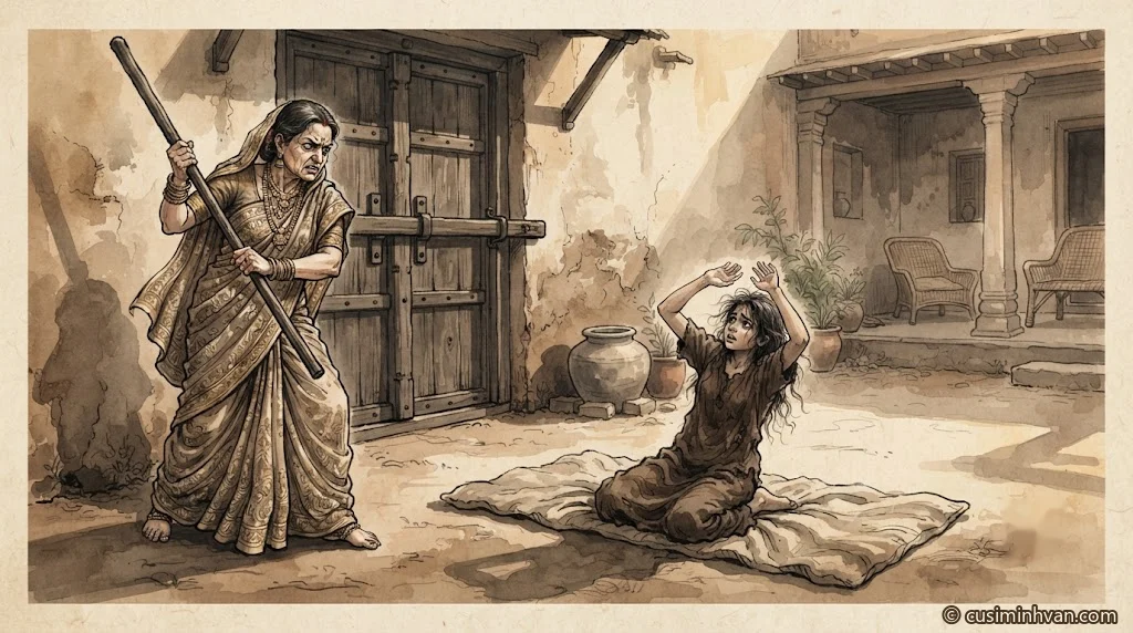 Minh hoạ: trong sân nhà giàu lúc chiều muộn, bà chủ Tì-đà-đề cau mày giận dữ, giơ cây gậy lớn trước cánh cửa đóng then; nữ tỳ Hắc vừa ngủ dậy quỳ đưa tay che đầu