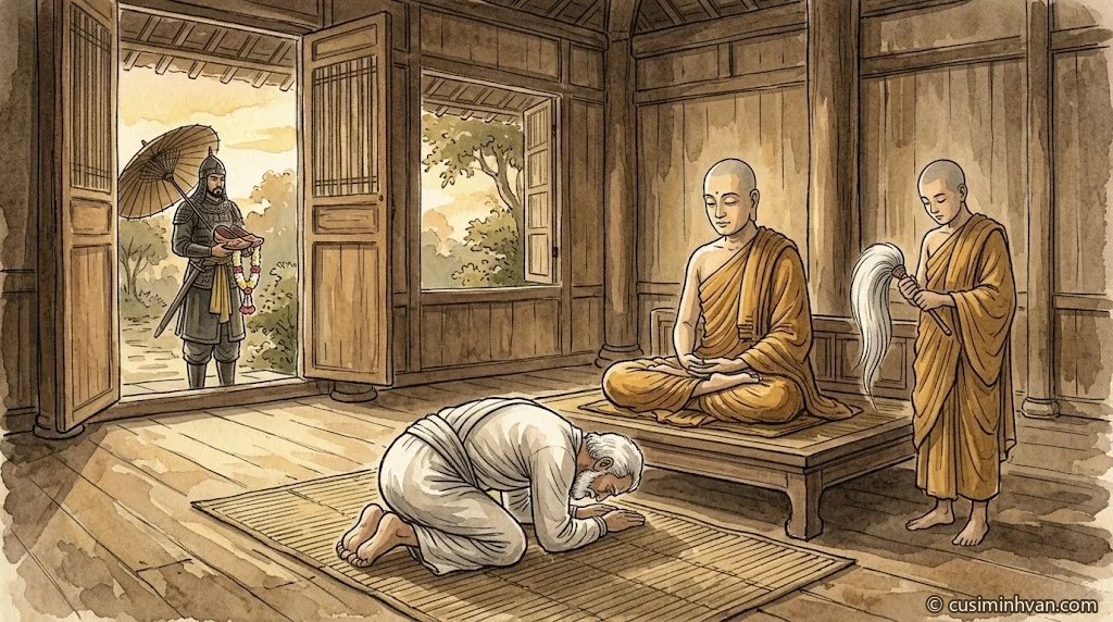 Minh hoạ: trong ngôi nhà gỗ, vua Ba-tư-nặc tóc bạc, không mũ không kiếm, cúi đầu sát chân Đức Phật đang ngồi; Tôn giả A-nan cầm phất đứng hầu phía sau; ngoài cửa, tướng Trường Tác đứng đợi, tay giữ lọng, tràng hoa và đôi giày thêu, kiếm đeo bên hông