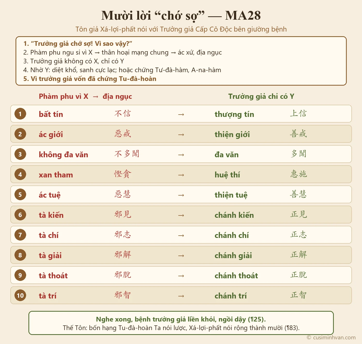 Sơ đồ mười lời chớ sợ trong MA28: khuôn năm bước và mười cặp — bất tín/thượng tín, ác giới/thiện giới, không đa văn/đa văn, xan tham/huệ thí, ác tuệ/thiện tuệ, tà kiến/chánh kiến, tà chí/chánh chí, tà giải/chánh giải, tà thoát/chánh thoát, tà trí/chánh trí