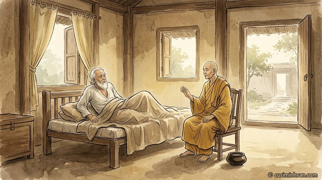 Minh hoạ: Trưởng giả Cấp Cô Độc tóc bạc nằm trên giường bệnh cố nhổm dậy; Tôn giả Xá-lợi-phất ngồi ở một chỗ ngồi riêng bên cạnh, giơ tay ngăn ông, bình bát đặt dưới đất
