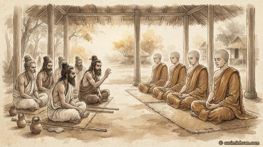 Minh hoạ: trong giảng đường mái tranh ở Kỳ-đà-lâm, một nhóm du sĩ dị học tóc búi, râu dài, bên gậy và bình nước, một người giơ tay chất vấn; các Tỳ-kheo áo nâu ngồi lặng im trên chiếu