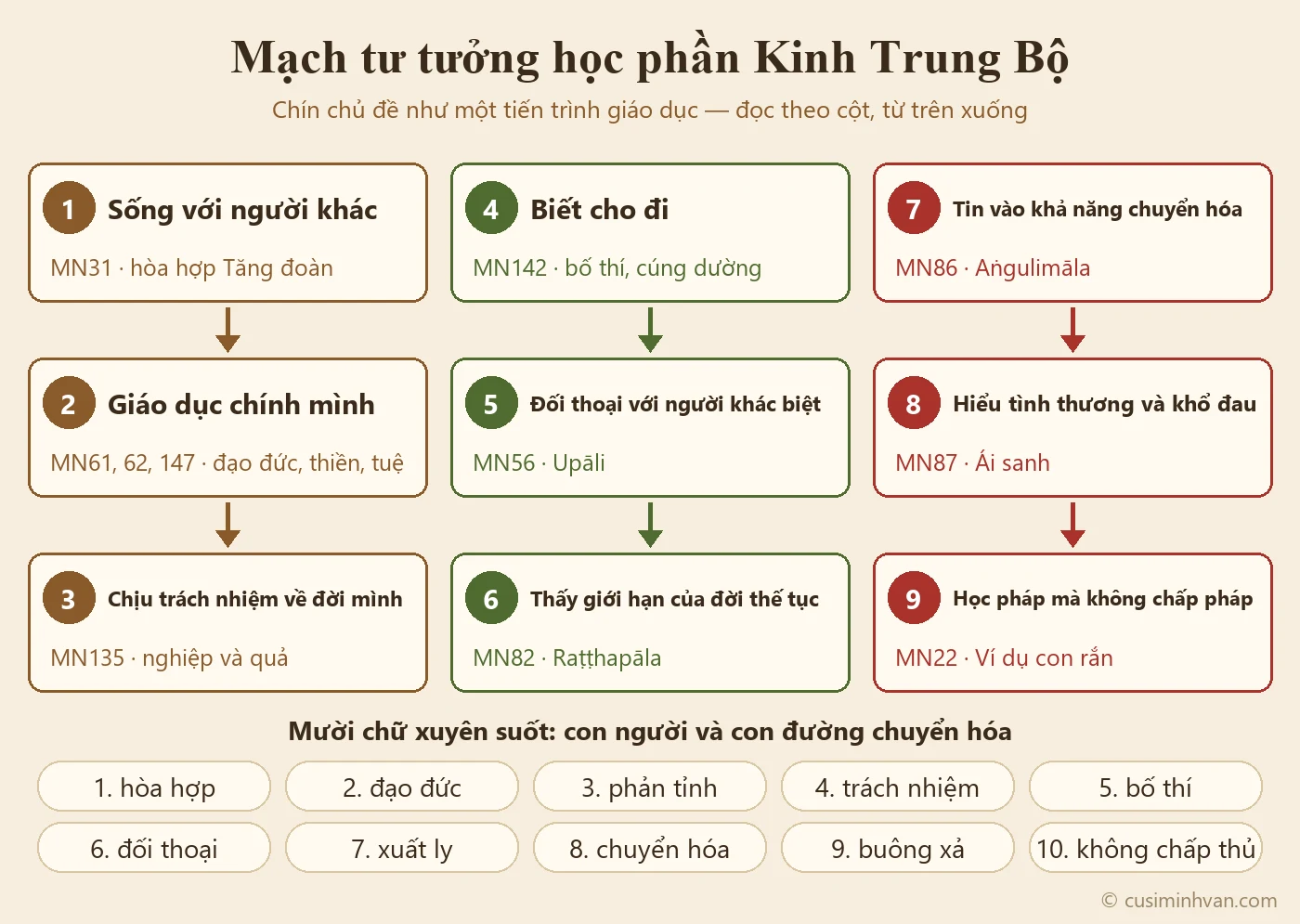 Sơ đồ mạch tư tưởng học phần Kinh Trung Bộ: chín bước từ sống với người khác (MN31) đến học Chánh pháp mà không chấp Chánh pháp (MN22)