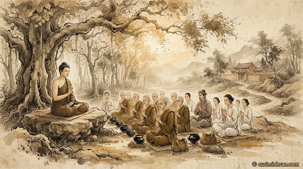 Minh hoạ: Đức Phật ngồi dưới tán cây lớn thuyết pháp cho chư Tăng, phía sau có các cư sĩ áo trắng ngồi nghe — thính chúng đa dạng của Kinh Trung Bộ