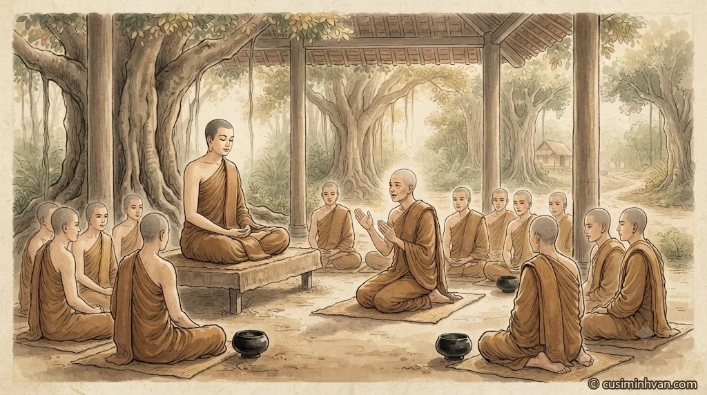 Minh hoạ: Tôn giả Sāriputta quỳ trên tọa cụ, hai tay đưa ra như đang phân biệt hai loại, giảng rộng lời vắn tắt trước Đức Phật và chúng Tỷ-kheo trong tịnh xá giữa rừng cây