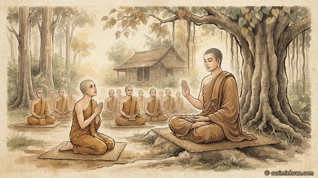 Minh hoạ: Tôn giả Ānanda quỳ chắp tay hỏi Đức Phật đang ngồi dưới gốc cây lớn trong rừng Kỳ-đà; chư Tỷ-kheo ngồi thành hàng lắng nghe phía sau