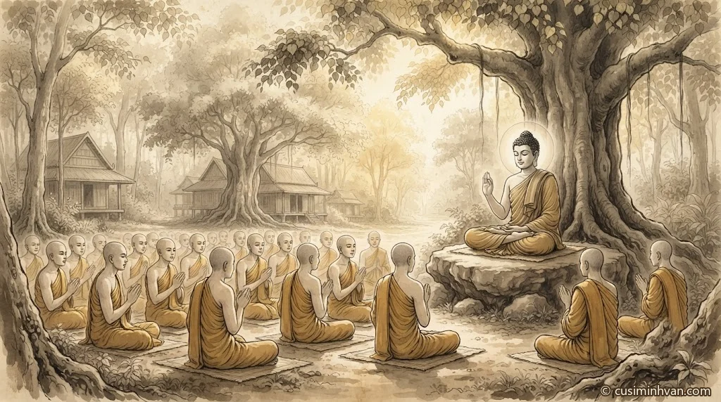 Minh hoạ: Đức Phật ngồi dưới gốc cây lớn trong rừng Kỳ-đà, tay phải giơ lên giảng pháp, chư Tỷ-kheo đắp y vàng ngồi thành hàng chắp tay lắng nghe