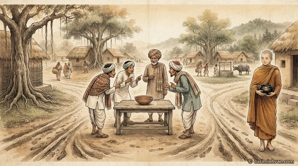 Minh hoạ: ở ngã tư một làng Ấn Độ xưa, mấy người từ các xứ khác nhau đứng quanh chiếc bàn có một cái bát đất, mỗi người chỉ tay gọi nó một tên; bên lề đường một vị Tỷ-kheo ôm bình bát đứng lặng lẽ lắng nghe