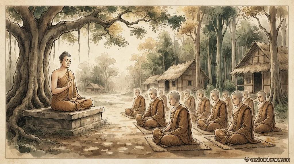 Minh hoạ: Đức Phật ngồi trên bệ đá dưới gốc cây lớn, một tay giơ lên giảng pháp; chư Tỷ-kheo đắp y nâu ngồi thành hàng trên chiếu cỏ lắng nghe, phía sau là những túp lều mái tranh của tinh xá Kỳ-đà