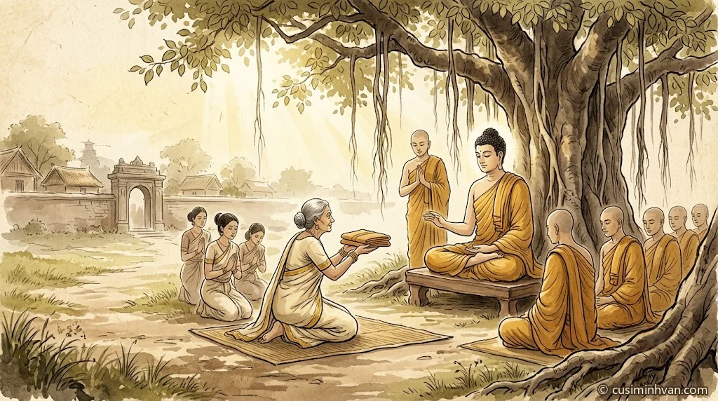 Minh hoạ: bà Mahāpajāpatī Gotamī quỳ hai tay nâng xấp y mới dâng Đức Phật đang ngồi dưới gốc đa trong vườn Nigrodha, Tôn giả Ānanda đứng hầu phía sau, các vị tỳ-kheo ngồi một bên
