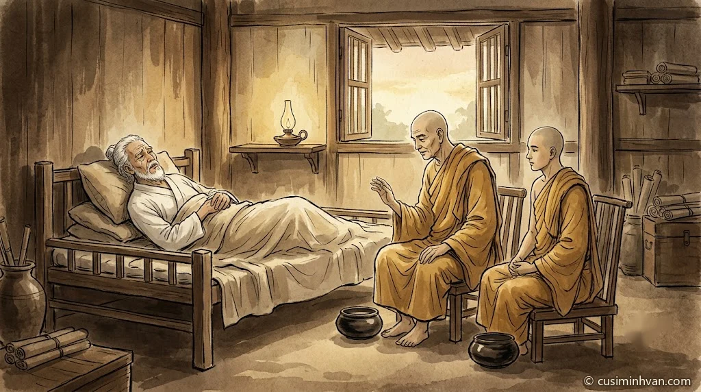 Minh hoạ: ông Cấp Cô Độc tóc bạc nằm trên giường bệnh; Tôn giả Sāriputta ngồi bên cạnh giơ tay giảng, Tôn giả Ānanda ngồi phía sau lắng nghe, bình bát đặt dưới đất