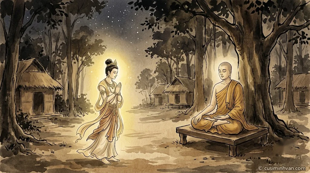 Minh hoạ: đêm khuya trong rừng Kỳ-đà, một vị thiên tử toả ánh sáng vàng đứng chắp tay một bên, Đức Phật ngồi thiền trên bệ gỗ dưới gốc cây