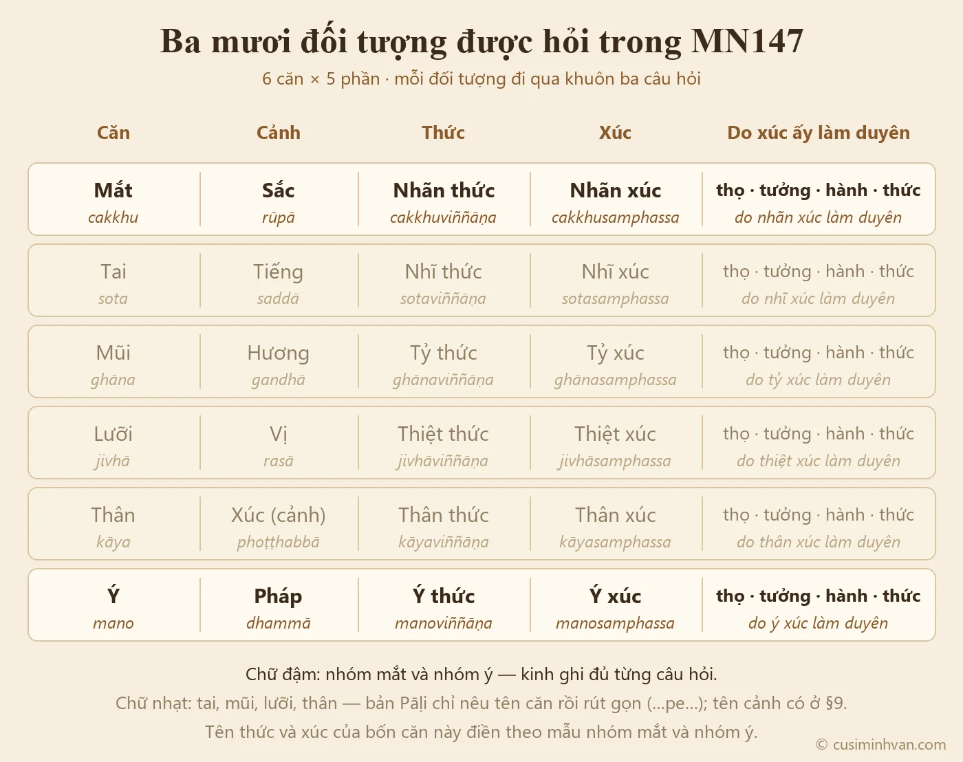 Sơ đồ ba mươi đối tượng được hỏi trong MN147: sáu hàng mắt, tai, mũi, lưỡi, thân, ý; năm cột căn, cảnh, thức, xúc, và thọ-tưởng-hành-thức do xúc ấy làm duyên, kèm tên Pāḷi; nhóm mắt và nhóm ý kinh ghi đủ, bốn căn giữa kinh rút gọn