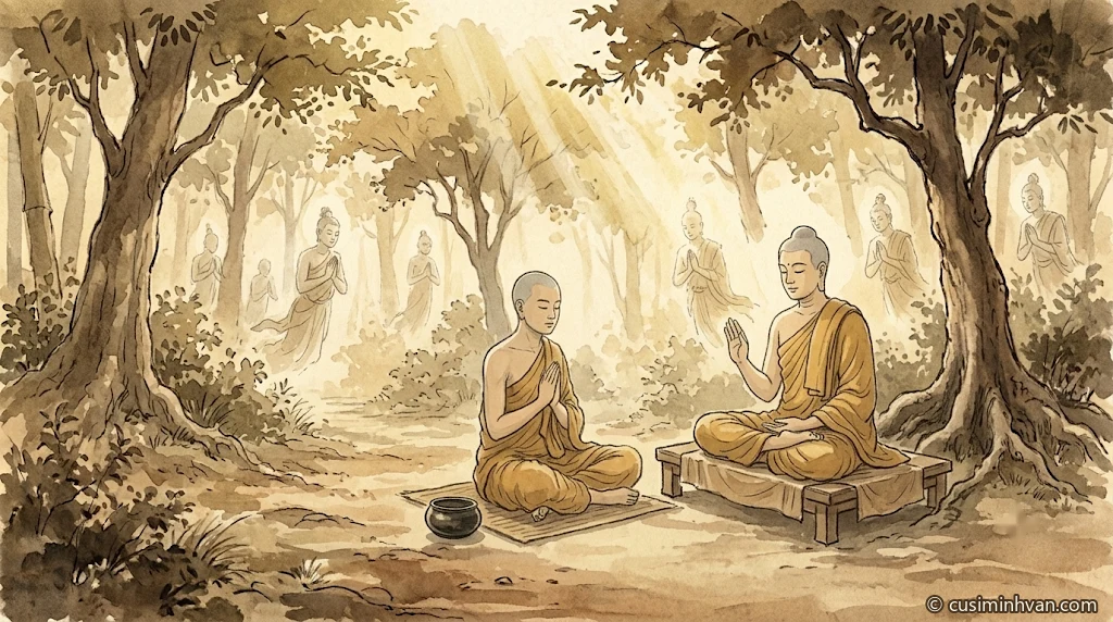 Minh hoạ: trong rừng Andhavana, Đức Phật ngồi kiết già trên chỗ đã soạn sẵn dưới gốc cây lớn, tay phải đưa lên giảng; Tôn giả Rāhula ngồi một bên trên tấm toạ cụ, chắp tay lắng nghe; chư Thiên mờ ảo đứng chắp tay giữa các thân cây