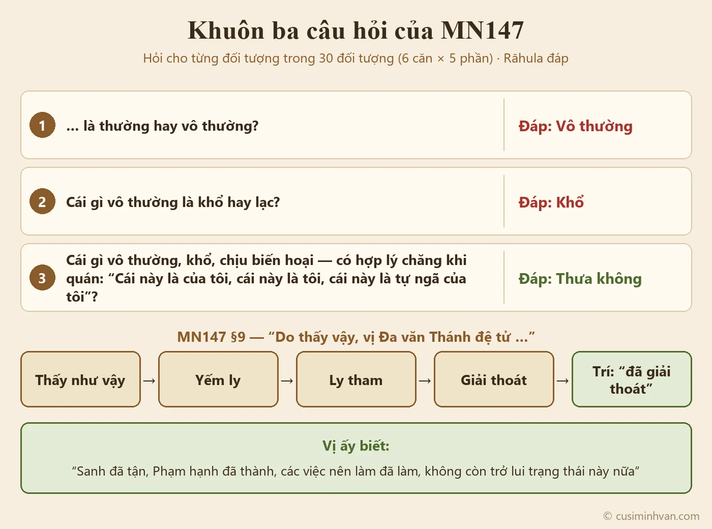 Sơ đồ khuôn ba câu hỏi của MN147: thường hay vô thường — vô thường; khổ hay lạc — khổ; có hợp lý xem là của tôi, là tôi, tự ngã của tôi — thưa không; tiếp theo là chuỗi thấy như vậy, yếm ly, ly tham, giải thoát, trí biết đã giải thoát, và vị ấy biết sanh đã tận