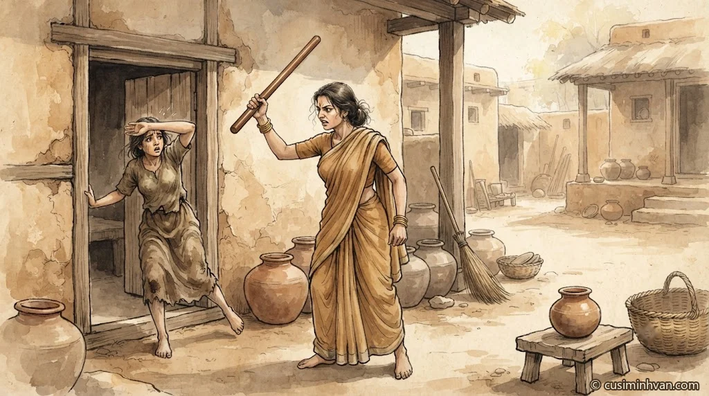 Minh hoạ: trong sân nhà buổi sáng, bà Vedehikā giận dữ giơ cây then cửa về phía nữ tỳ Kāḷī vừa dậy trễ, đang đưa tay che đầu