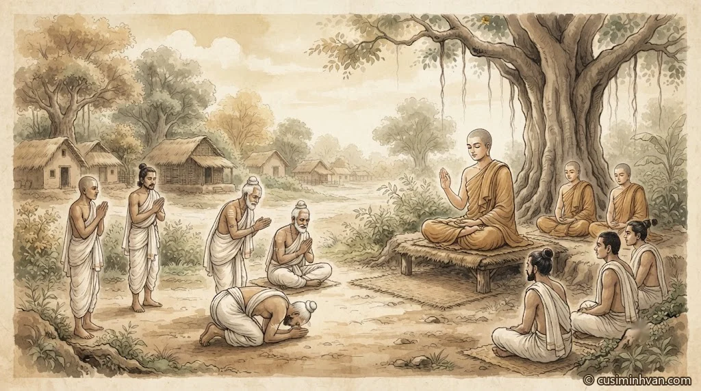 Minh hoạ: các Bà-la-môn và gia chủ làng Sālā đến chào Đức Phật trong khu rừng gần làng — người đảnh lễ, người chắp tay, người xưng tên, người lặng lẽ ngồi xuống