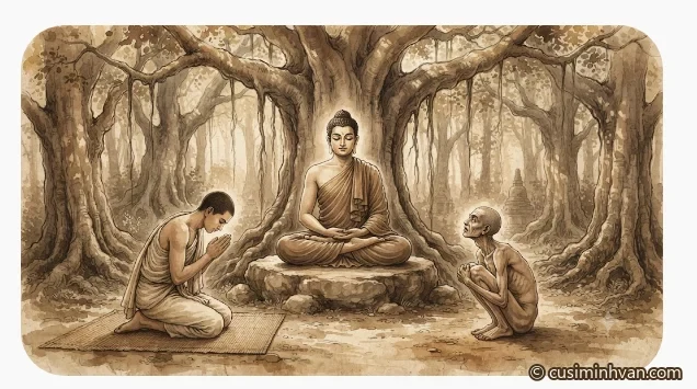 Minh hoạ: Đức Phật ngồi dưới gốc cây tại Haliddavasana, Puṇṇa quỳ chắp tay đảnh lễ, Seniya lõa thể ngồi chõ hỏ như con chó bên cạnh, khung cảnh rừng cây Ấn Độ cổ đại