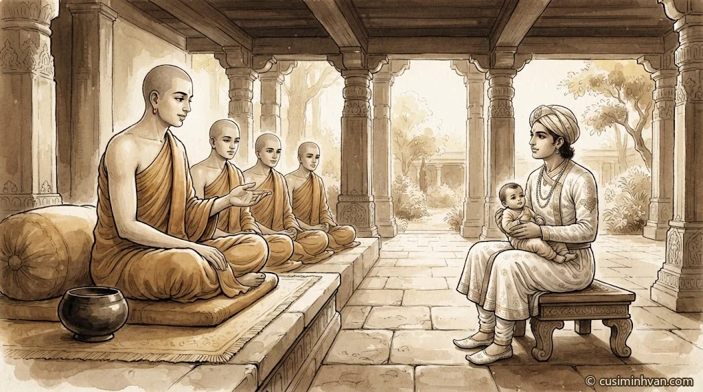 Minh hoạ: trong nhà Vương tử Abhaya sau bữa cơm cúng dường, Đức Phật ngồi trên chỗ đã soạn sẵn, ba vị Tỷ-kheo ngồi phía sau; Vương tử ngồi ghế thấp, ôm đứa bé trong lòng, Đức Phật đưa tay về phía đứa bé