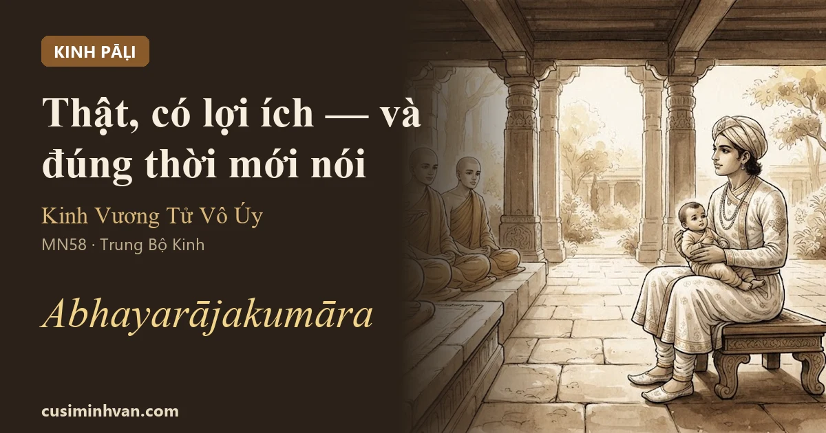 Vương tử Abhaya ngồi ghế thấp ôm đứa bé trong lòng, các vị Tỷ-kheo ngồi trên bệ bên cạnh, dưới hiên nhà có hàng cột chạm — Kinh Vương Tử Vô Úy, MN58