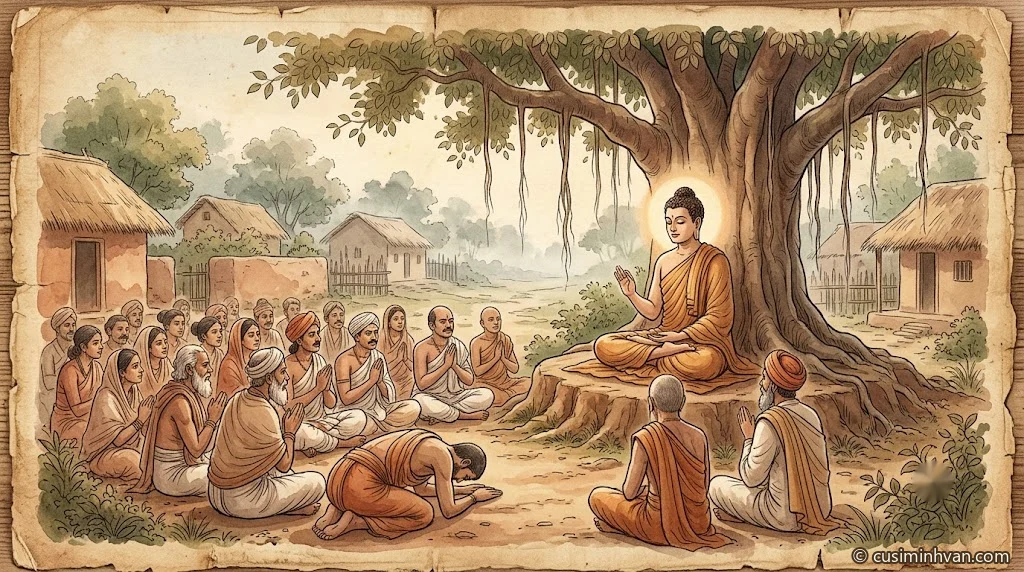 Minh hoạ: Đức Phật thuyết pháp cho các Bà-la-môn và gia chủ làng Sālā dưới gốc cây
