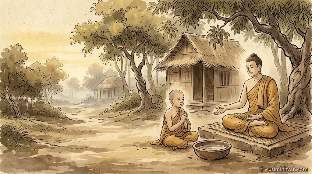 Minh hoạ: Đức Phật ngồi trên chỗ ngồi thấp, đưa tay chỉ chậu nước chỉ còn chút nước dưới đáy; sa-di Rāhula ngồi một bên chắp tay nhìn chăm chú