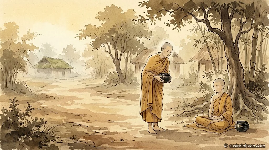 Minh hoạ: Tôn giả Rāhula ngồi kiết già dưới gốc cây lớn, bình bát đặt bên cạnh; Tôn giả Sāriputta ôm bát đứng gần đó nghiêng người khuyên tu niệm hơi thở