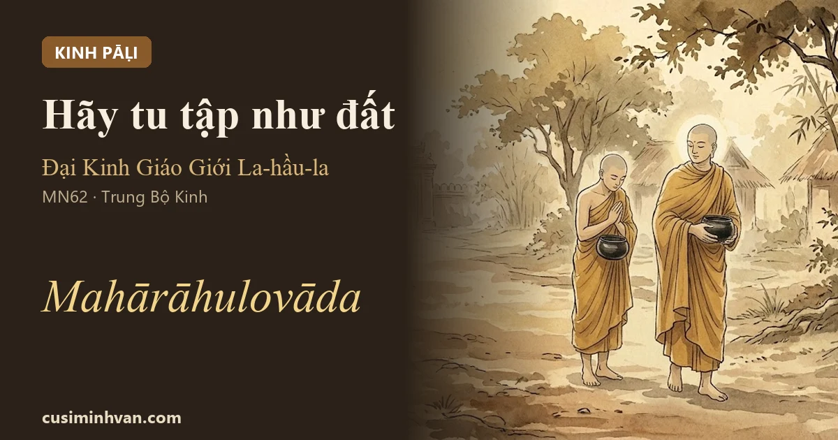 Đức Phật và Tôn giả Rāhula ôm bát trên đường đất vào thành khất thực, Rāhula chắp tay cúi đầu — Đại Kinh Giáo Giới La-hầu-la, MN62