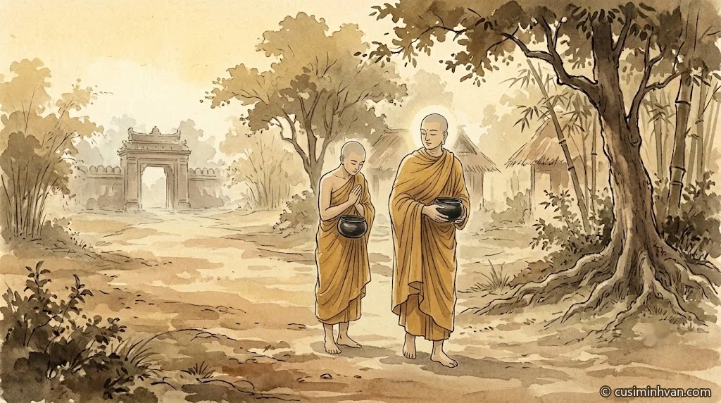 Minh hoạ: buổi sáng trên con đường đất vào thành khất thực, Đức Phật ôm bát đi bên phải, Tôn giả Rāhula đắp y, ôm bát đi sát bên, chắp tay cúi đầu