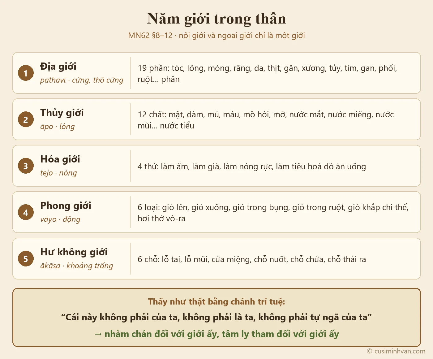 Sơ đồ năm giới trong MN62: địa giới 19 phần cứng chắc, thủy giới 12 chất lỏng, hỏa giới 4 thứ nhiệt, phong giới 6 loại gió, hư không giới 6 khoảng trống; nội và ngoại đều là giới ấy, không phải của ta, không phải là ta, không phải tự ngã của ta