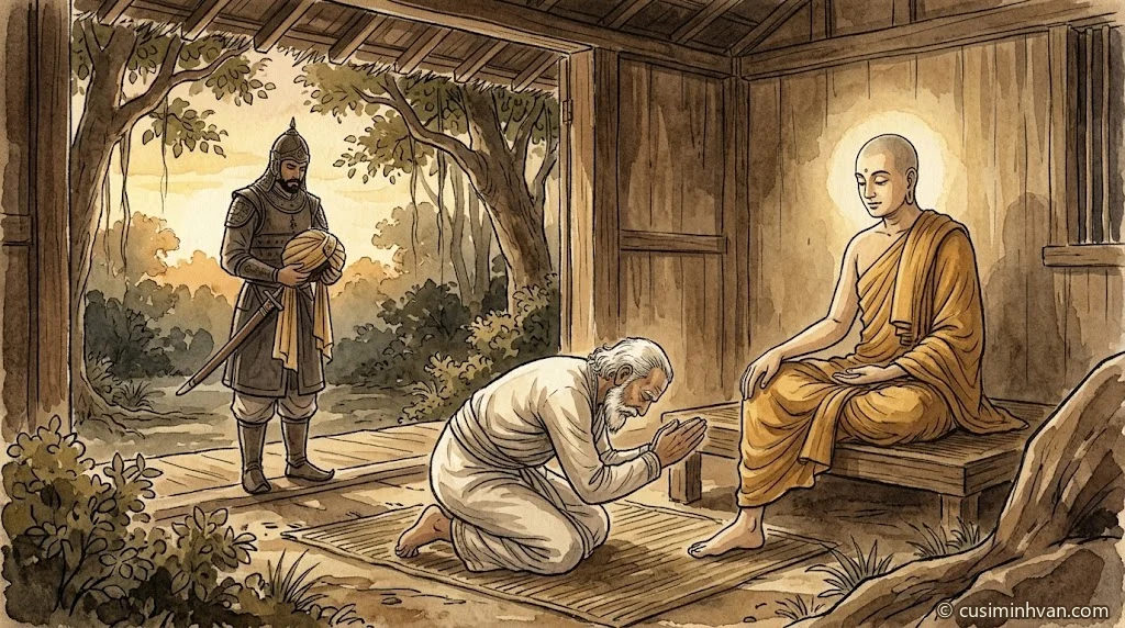 Minh hoạ: trong tịnh thất bằng gỗ, vua Pasenadi tóc bạc quỳ sát chân Đức Phật đang ngồi; ngoài hiên, vị tướng Dīgha Kārāyana đứng chờ, tay cầm kiếm và khăn của vua
