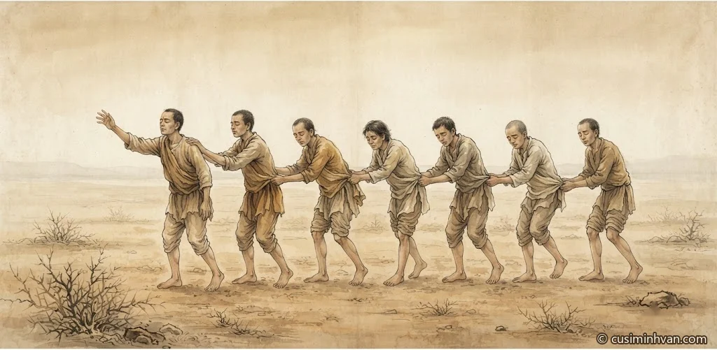 Minh hoạ: một hàng người mù nối nhau, mỗi người bám vào người phía trước, đi giữa cánh đồng trống không có người dẫn đường