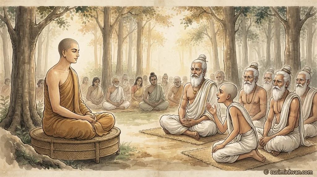 Minh hoạ: thanh niên Bà-la-môn Kāpaṭika đầu cạo, mười sáu tuổi, nghiêng người hỏi Đức Phật giữa các vị Bà-la-môn trưởng lão trong rừng sāla