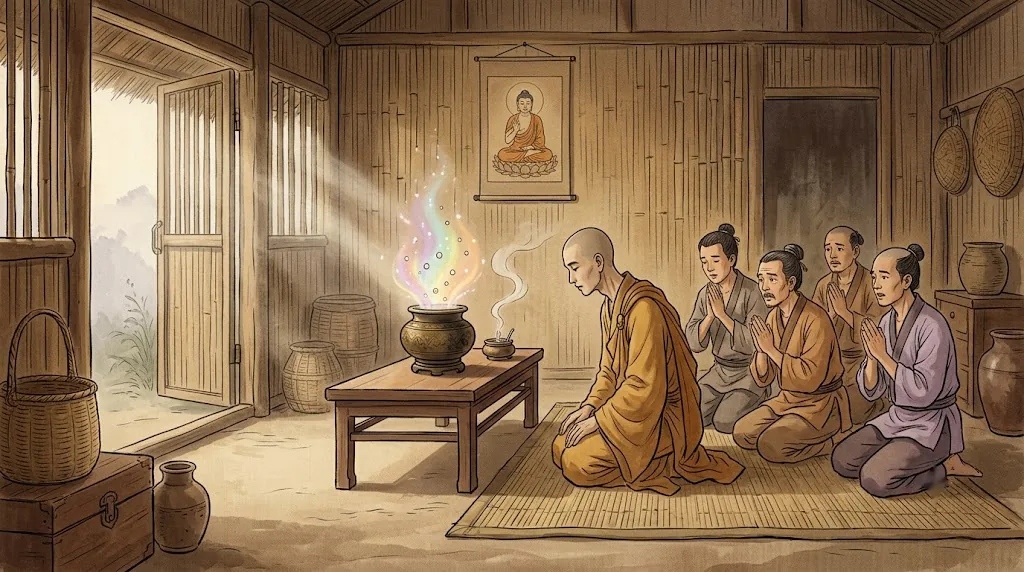 Minh hoạ theo tiểu sử trong Cao tăng truyện: Khương Tăng Hội quỳ trước chiếc bình đặt trên bàn thấp trong am tranh ở Kiến Nghiệp, ánh sáng nhiều màu bốc lên từ miệng bình, các đệ tử chắp tay quỳ phía sau, trên vách treo tranh tượng Phật
