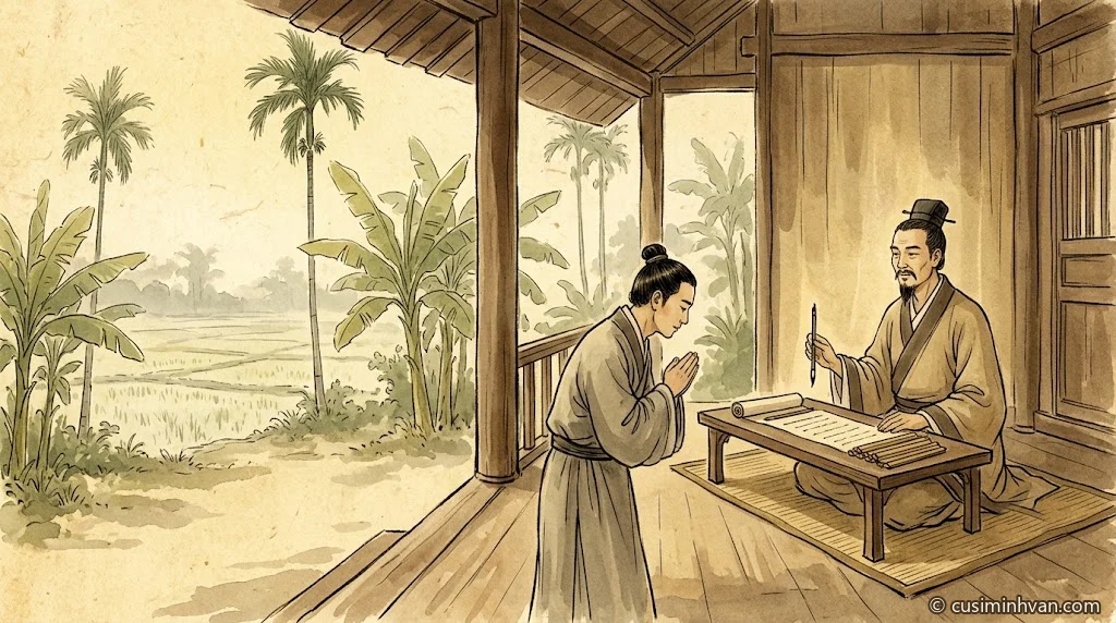 Minh hoạ: trong gian nhà gỗ ở Giao Chỉ, Mâu Tử, một trung niên mặc áo nho sĩ, ngồi bên án thư có thẻ tre và cuộn sách; người khách nho sĩ đối diện chắp tay cúi mình, ngoài hiên có cây chuối