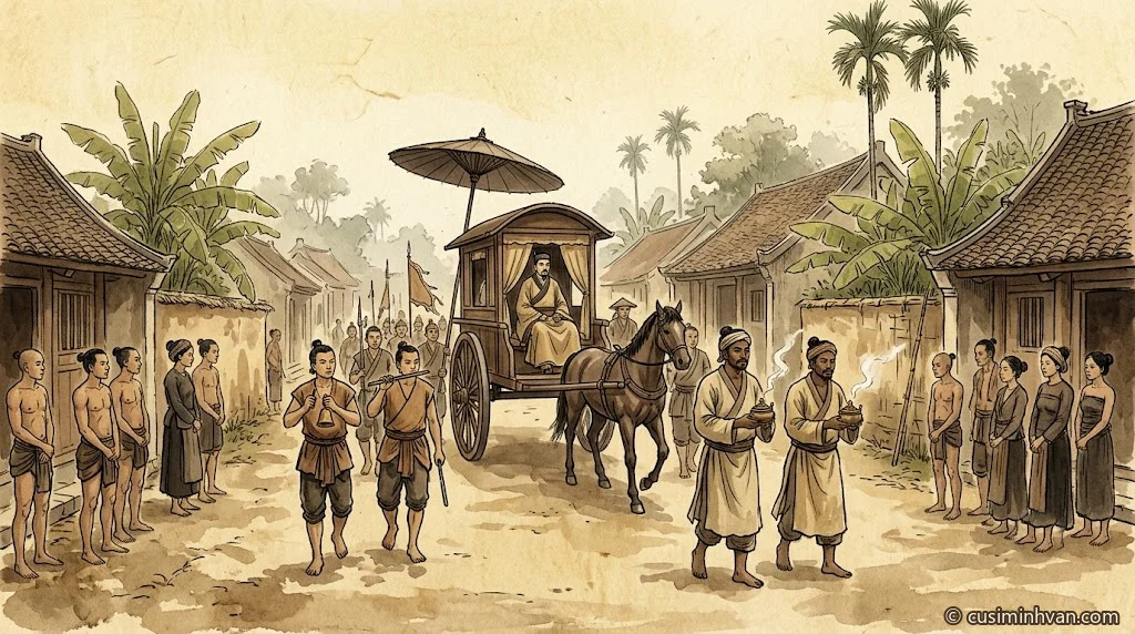 Minh hoạ bối cảnh: phố thị Giao Chỉ cuối đời Hán, cỗ xe ngựa có lọng của quan thái thú đi qua, người thổi sáo đi trước, hai người Hồ đi sát xe cầm lư đốt hương, dân chúng đứng hai bên đường