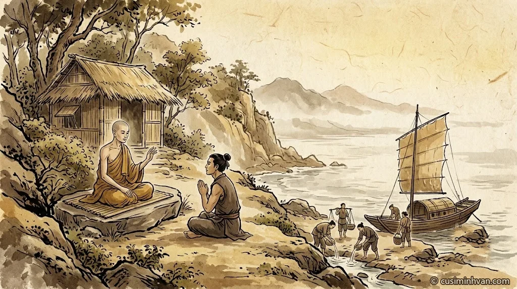 Minh hoạ truyền thuyết: vị tăng trẻ Phật Quang ngồi trước am tranh trên núi sát cửa biển giảng pháp cho Chử Đồng Tử chắp tay lắng nghe; dưới chân núi thuyền buôn neo, thương nhân lấy nước ngọt