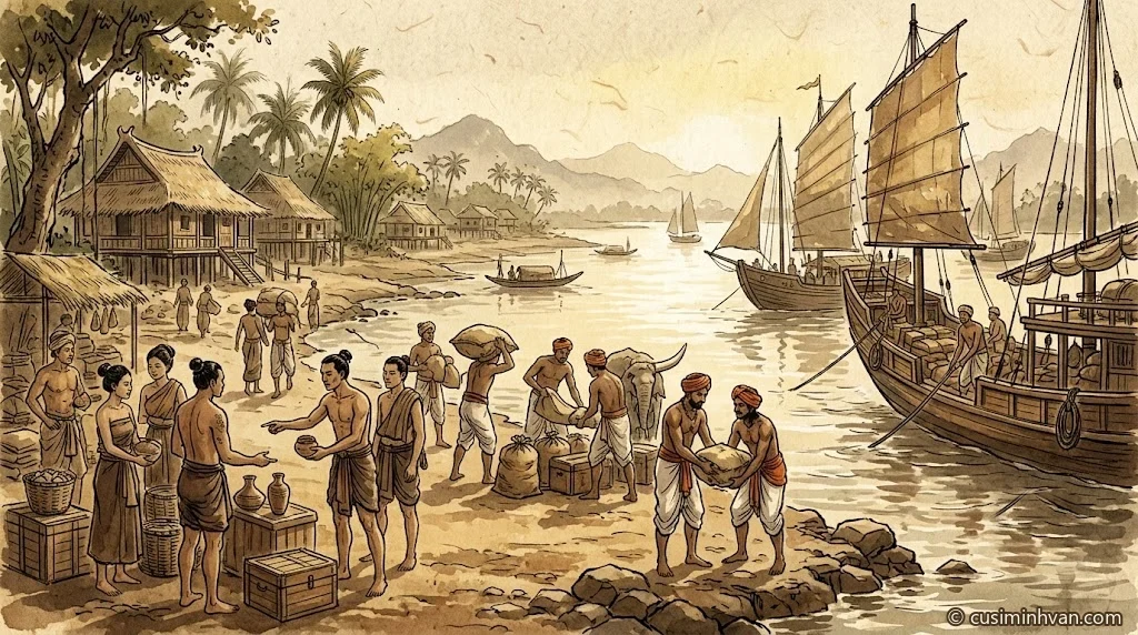 Minh hoạ: thuyền buôn buồm lớn theo gió mùa cập bến sông châu thổ, thương nhân Nam Á khuân hương liệu và ngà voi trao đổi với người Việt cổ