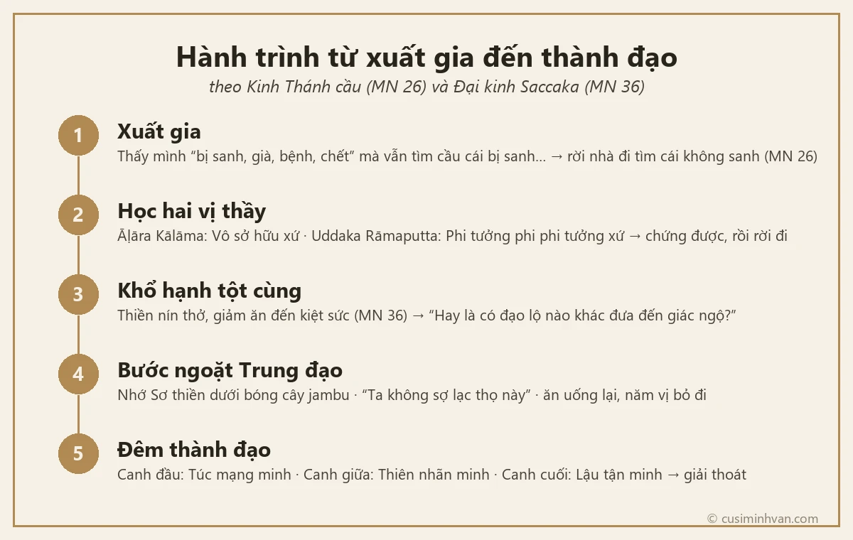 Sơ đồ năm chặng: xuất gia, học hai vị thầy, khổ hạnh, Trung đạo, đêm thành đạo với ba minh
